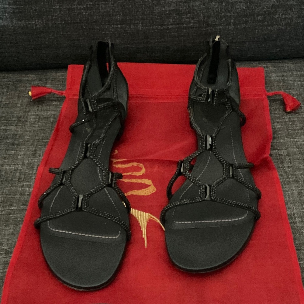 NWT RENE CAOVILLA 39.5 9-9.5 black jeweled crystal gladiator back zip STUNNING